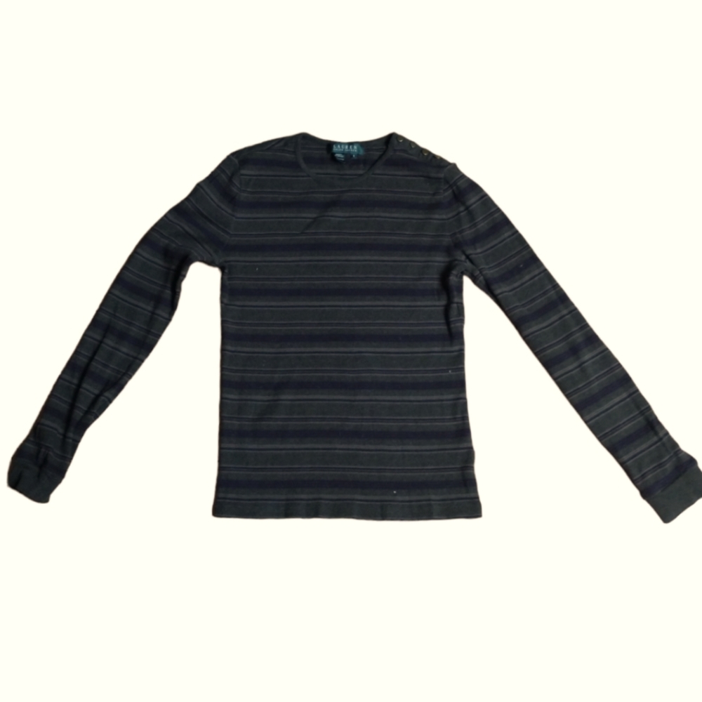 Ralph Lauren Long Sleeve Ribbed Striped Top with Metal Button Detail Size Small